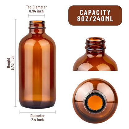 PINIWON 24 Pack 8 oz Amber Glass Bottles, 240ml Boston Round Sample Bottles with Black Poly Cone Caps, Labels and Funnels - color: Amber-24 pack