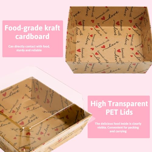 Fancy Land Small Charcuterie Boxes with Clear Lids Thank You, Kraft, 50 Pcs | Homemade With Love Treat, Disposable Paper, Heart Design,Summer Camping To Go Box