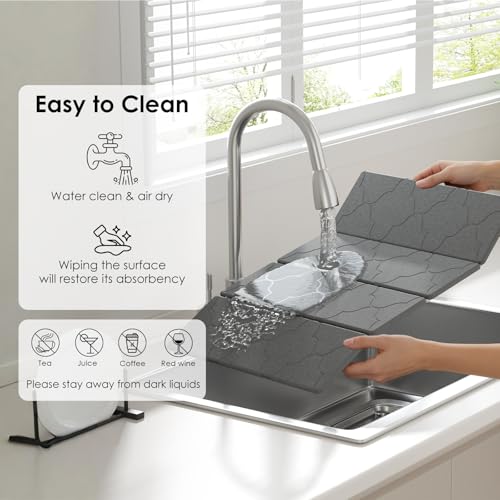 3 PCS Large Stone Dish Drying Mat for Kitchen Counter -24"x16" Absorbent Diatomaceous Earth Mat with Stone Faucet Mat & Soap Tray - Quick Dry, Collapsible, Non-Slip Countertop Organizer - color: Lantern carved patterns