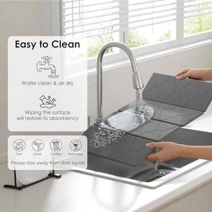 3 PCS Large Stone Dish Drying Mat for Kitchen Counter -24"x16" Absorbent Diatomaceous Earth Mat with Stone Faucet Mat & Soap Tray - Quick Dry, Collapsible, Non-Slip Countertop Organizer - color: Lantern carved patterns