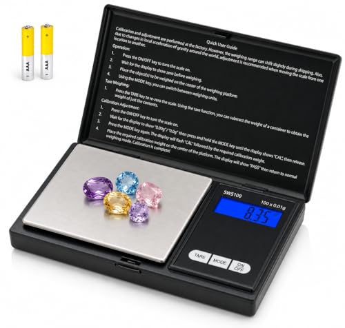 Smart Weigh SWS100 Digital Pocket Scale – 100g x 0.01g High Precision Scale for Reloading, Jewelry, Gems, and Medicine – Backlit LCD, Battery Included, Black - size: 100g / 0.01g