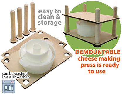 Wooden Cheese Press for Cheese Making Supplies 12 in Wooden Guides and Cheese Mold with Follower Piston 1.3 Qt - Small Home Supply Ultimate Cheese Press Machine - Prensa Para Queso Casero
