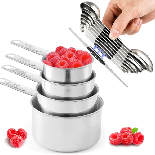 13pcs Stainless Steel Measuring Cups and Spoons Set, 8 Double-Sided Magnetic Measuring Spoons Set & 4 Metal Measuring Cups & 1 Leveler for Kitchen Dry & Liquid Cooking Baking - color: Silver