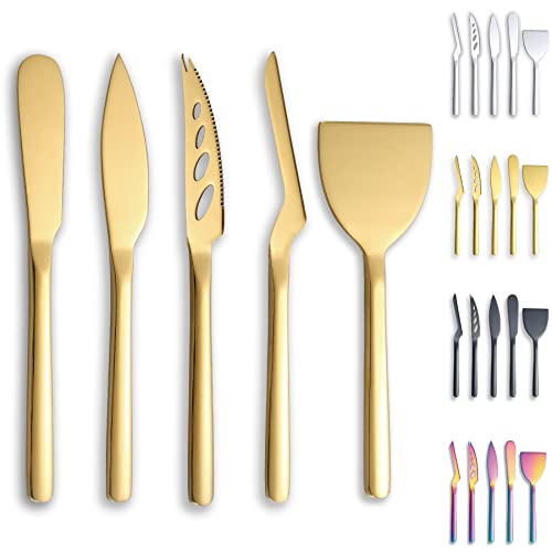 Berglander Gold Cheese Knife Set of 5 for All Types of Cheese, Golden Titanium Plating Cheese Cutter Slicer Ergonomic Design for Confortable Grip and Cut, Butter Spreader Knife - color: 2. Gold