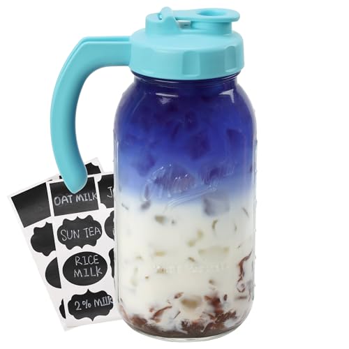 Soligt Glass Mason Jar Pitcher with Lid, Wide Mouth Flip Cap Pour Spout Leak-proof Lid with Handle, 64 oz (2 Quart / 1.9 Liter), for Iced Coffee/Sun Tea Juice/Cold Brew Coffee/Milk (1Pack, Baby Blue) - color: Baby Blue
