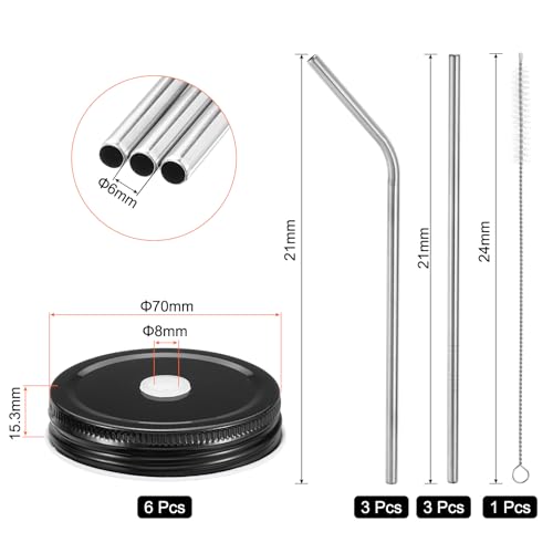 uxcell 13pcs Stainless Steel Mason Jar Lids with Straw Hole, 70mm Metal Canning Lid Mason Storage Covers Caps with Silicone Ring/Straws/Cleaning Brush Black - color: Black