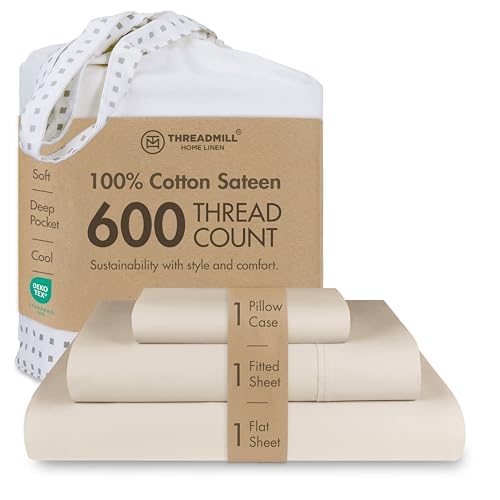 Threadmill 100% Cotton Sheets for Twin Size Bed - 600 Thread Count Twin Bed Sheets Set with 15” Deep Pocket - Sateen Weave 3-Piece Bedding Set with Cooling Effect, Beige - color: Light Beige Solid, size: Twin