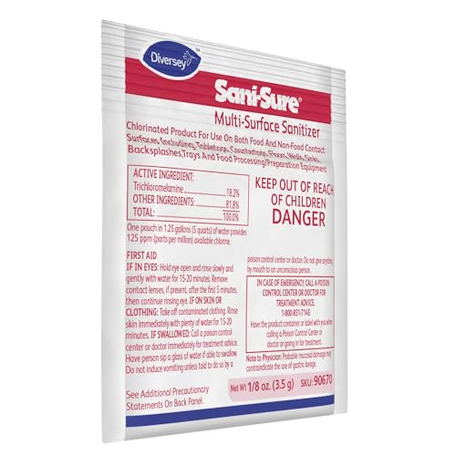 Diversey Sani-Sure Multi-Surface Sanitizer, 100 x 0.125 oz Packets | Food Contact Surfaces, Countertops, Sinks, Tables, Sanitizing Powder Packets - size: 0.13 Ounce (Pack of 100)