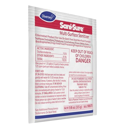 Diversey Sani-Sure Multi-Surface Sanitizer, 100 x 0.125 oz Packets | Food Contact Surfaces, Countertops, Sinks, Tables, Sanitizing Powder Packets - size: 0.13 Ounce (Pack of 100)