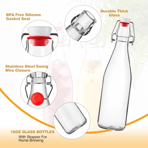 FrutPunch 16OZ Swing Top Glass Bottles, 2 Pack Flip Top Glass Bottle with Airtight Lid for Fermentation, Kombucha, Mead, Coquito, Vinegar, Beer, Kefir, Wine, Soda, Juice for Home Brewing