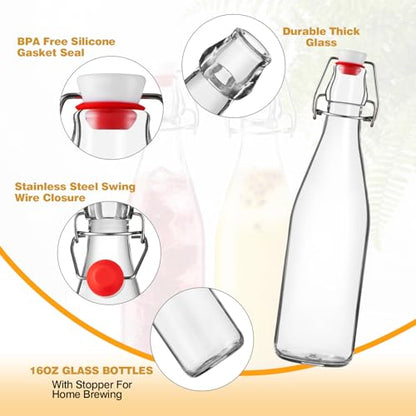 FrutPunch 16OZ Swing Top Glass Bottles, 2 Pack Flip Top Glass Bottle with Airtight Lid for Fermentation, Kombucha, Mead, Coquito, Vinegar, Beer, Kefir, Wine, Soda, Juice for Home Brewing