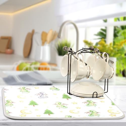 Cartoon Dragons Tree Star Dish Drying Mat for Kitchen Counter Super Absorbent Draining Mat with Non-slip Backed Sink Tray Mat for Sinks Countertops Draining Racks Dish Bottles Cups Bowl