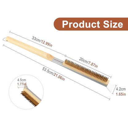 21'' Pizza Oven Brush with Scraper, Brass Bristles Pizza Stone Cleaning Brush with Long Handle and Hanging Loop for BBQ Grill Cleaning, Include 2 Brush Heads