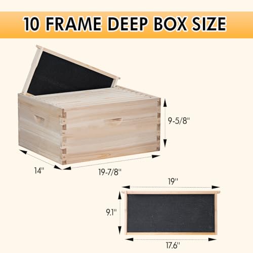 POLLIBEE 10 Frame Deep Bee Hive Box, Langstoth Deep Brood Bee Box for Beekeeper,Include Beehive Frames and Wax Foundations (unassembled)