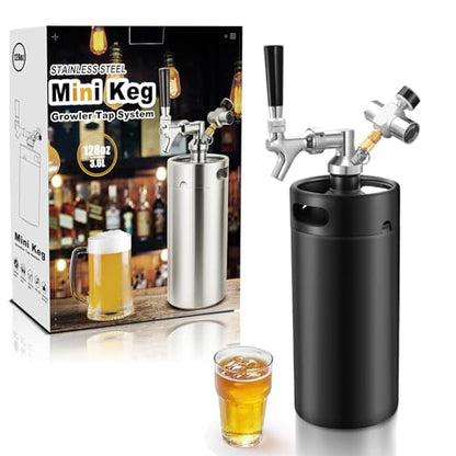 Hgkeke128OZ Mini Keg Growler,Stainless Steel Beer Keg Tap System Portable Draft Beer Dispenser to Keep Fresh and 55PSI CO2 Pressure Growler Carbonation, Beer Tap System for Homebrew,Camping,BBQ(Black)