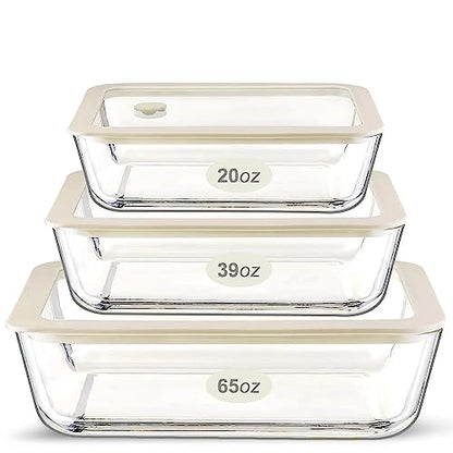 Urban Green Glass Food Container Set with Glass Lid, 3 Pack, Meal Prep Containers with Silicone Framed Airtight Lid, Leakproof, 100% Plastic Free, - color: White Sand-SQ
