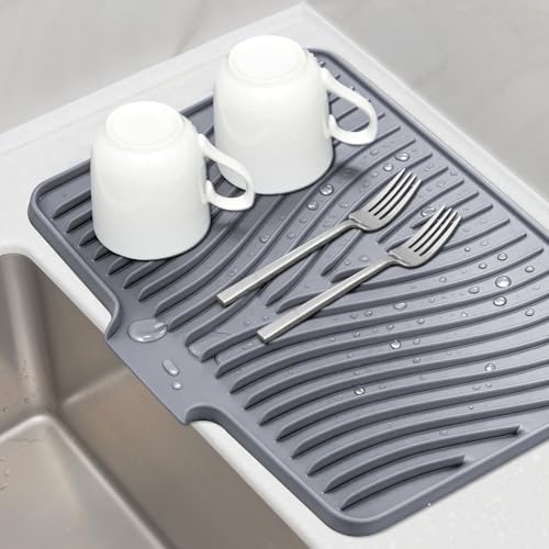 TIKNIK Silicone Dish Drying Mat for Kitchen Counter - Heat Resistant & Non-Slip Dish Drain Pad with Built-In Drain, Dishwasher Safe, Quick-Dry, Hangable & Roll-Up for Storage, Grey-1pcs, 20" x 15" - size: 20" x 15"