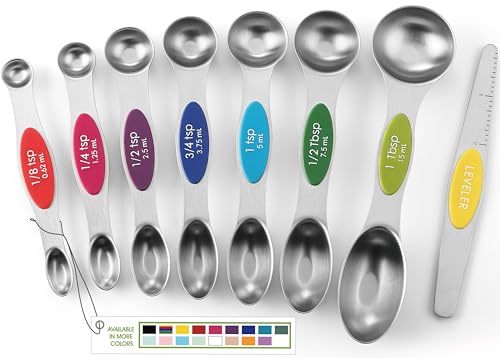 Spring Chef Stainless Steel Magnetic Measuring Spoons Set with Strong Magnets, Heavy Duty Metal Kitchen Essentials - Fits in Most Kitchen Spice Jars, Multicolor, Set of 8 with Leveler - color: Multicolor, size: 1-Pack