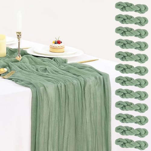 10 Pack Sage Green Cheesecloth Table Runner 35x120 Inch, Boho 10FT Cheese Cloth Sheer Gauze Table Runner for Wedding Baby Shower Birthday Party Table Decorations - color: Sage Green, size: 10ft x 10pcs