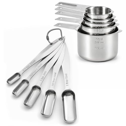 FANGSUN Stainless Steel Measuring Cups and Spoons Set of 10, Stainless Steel Measuring Spoons with Long Handles & Engraved Measurements, Fits in Spice Jars, for Baking & Cooking - style: Spoons&Cups - Set of 10