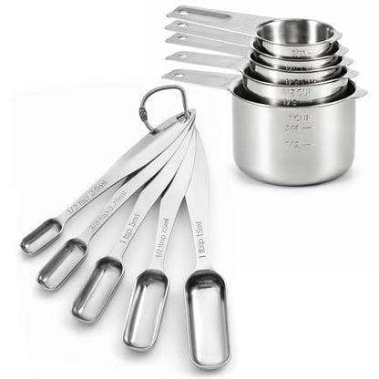 FANGSUN Stainless Steel Measuring Cups and Spoons Set of 10, Stainless Steel Measuring Spoons with Long Handles & Engraved Measurements, Fits in Spice Jars, for Baking & Cooking - style: Spoons&Cups - Set of 10