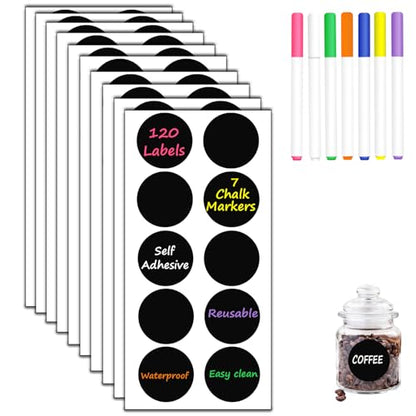 HERDIN Round Chalkboard Label Stickers, 120-Pc Set with 7 Markers | 120 Labels, 7 Markers, Round Shape, 5 x 5 cm, Waterproof Writing Surface, Pantry Jars, Food Containers, Storage Bins