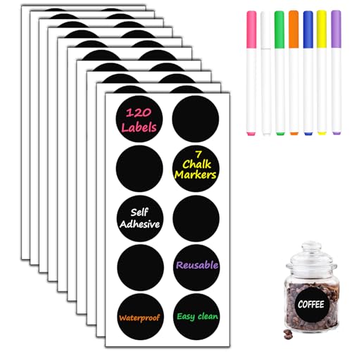 HERDIN Round Chalkboard Label Stickers, 120-Pc Set with 7 Markers | 120 Labels, 7 Markers, Round Shape, 5 x 5 cm, Waterproof Writing Surface, Pantry Jars, Food Containers, Storage Bins