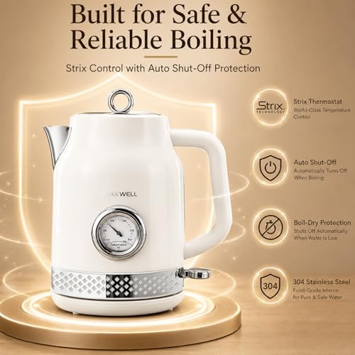 Retro Electric Kettle, 1.7L 304 Stainless Steel Tea Kettle with Temperature Gauge, 1500W Fast Boiling Water Boiler,Auto Shut-Off & Boil-Dry Protection, BPA-Free (Off-white) - color: Off-white