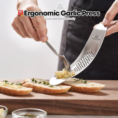 Wagensteiger Stainless Steel Curved Garlic Presser or Cheese Grater, Curved Pressing & Grating Motion, Minimalist Design, Stylish Kitchen Essentials 205mm x 48mm / 8.07 inches x 1.89 inches