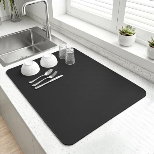 LOPNUR Kitchen Dish Drying Mat, 18"x16" Small Dish Drying Mats for Kitchen Counter, Super Absorbent Dish Drying Pad, Diatomite Coffee Mat Heat Resistant Mat with Anti-slip Rubber Backed, Black - color: Black, size: 18" x 16"