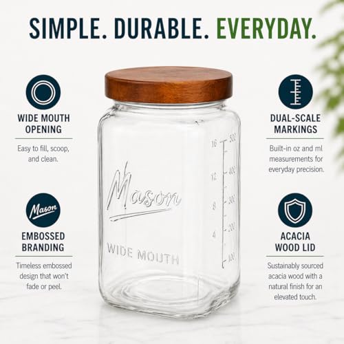 1 Gallon Glass Jars with Wooden Lids - Extra Large Mason Jars Wide Mouth with Airtight Wood Lids - Square Glass Storage Containers with Measurement Markings for Flour, Sugar & Pickling, 2 Pack