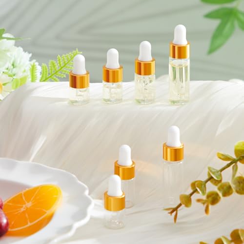Didaey 100 Pcs 1/2/3/5/10/15 ml Mini Glass Oil Dropper Bottle Bulk, Clear Essential Small Empty Bottles Sample Containers Perfume Liquid Vials with Cap for Traveling (1ml,2ml,3ml,5ml,Champagne Gold) - color: Champagne Gold, size: 1ml, 2ml, 3ml, 5ml