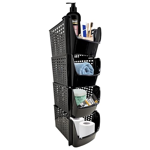 Skywin Small Stackable Storage Bins Toy Organizer & Storage, 4 Pack - Black | Sturdy Plastic, Easy Stacking, Breathable & Open Front Design, Toy Storage Organizer for Kids Room & Home Organization