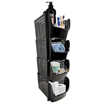 Skywin Small Stackable Storage Bins Toy Organizer & Storage, 4 Pack - Black | Sturdy Plastic, Easy Stacking, Breathable & Open Front Design, Toy Storage Organizer for Kids Room & Home Organization
