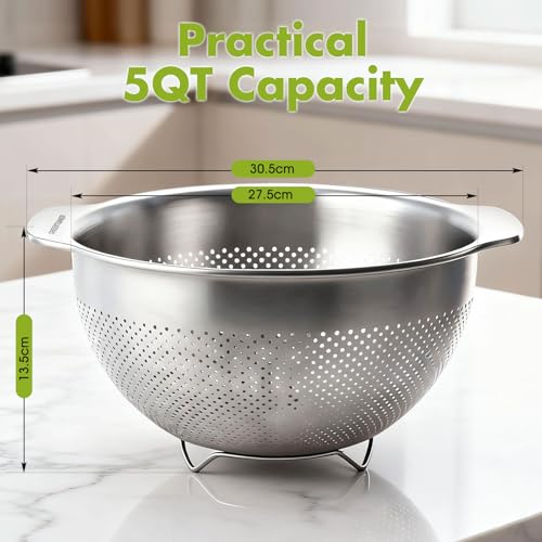 Greentainer 18/8 Stainless Steel Colander for Kitchen, 5QT Metal Pasta Strainer with Handle | Dishwasher Safe | Advanced Sturdy Base for Drainage & Rinsing Vegetable Fruit Rice Spaghetti - size: 5 QT