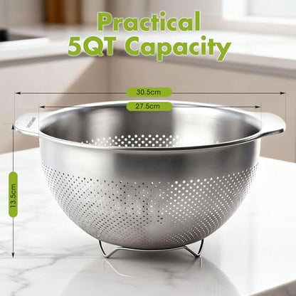 Greentainer 18/8 Stainless Steel Colander for Kitchen, 5QT Metal Pasta Strainer with Handle | Dishwasher Safe | Advanced Sturdy Base for Drainage & Rinsing Vegetable Fruit Rice Spaghetti - size: 5 QT