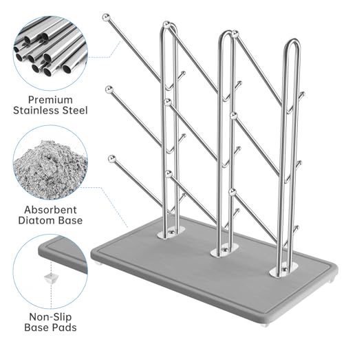 NiHome Baby Bottle Drying Rack with Diatomite Base & Stainless Steel Frame, Foldable Countertop Organizer Holds 9 Bottles, Space-Saving Stand for Water Bottles, Lids, Reusable Bags & More