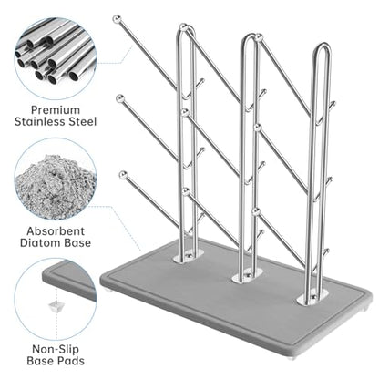 NiHome Baby Bottle Drying Rack with Diatomite Base & Stainless Steel Frame, Foldable Countertop Organizer Holds 9 Bottles, Space-Saving Stand for Water Bottles, Lids, Reusable Bags & More