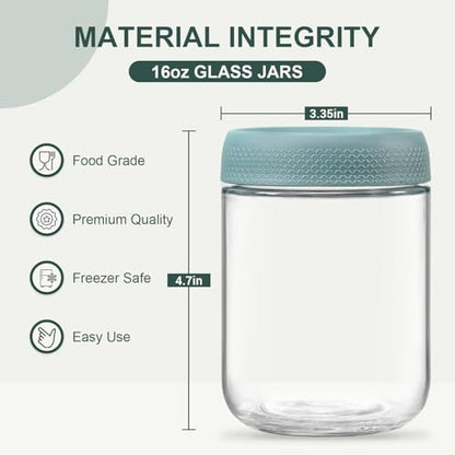 NETANY 6-pack 16oz Glass jars with Airtight Lids, Overnight Oats Containers with Lids, Wide mouth Mason Salad jars, Glass Food Storage Containers for Snacks Yogurt Spice Sugar - Green - color: Green-6pack-16oz