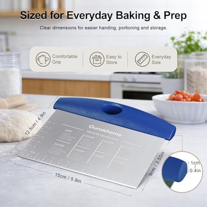 Ourokhome 2 Pack Bench Scraper Dough Cutter, Stainless Steel Dough Scraper with Laser-Etched Scale, Conversion Chart, Non-Slip Handle, Dishwasher Safe for Bread & Pastry, Blue - color: Blue