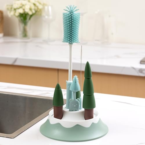 Baby Bottle Drying Rack and Cleaning Set，Xmas Surprise Gift for Newmom | with Straight Silicone Baby Bottle Brush, Pacifier Brush, Straw Brush, Cup Lid Cleaning Brush, Z Blue - style: Set, Z Blue