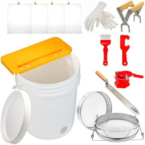 10PCS Honey Harvesting Beekeeping Tool Kit, 5 Gallon Bucket with Gate | 50 Pairs Gloves, Honey Extractor Kit Uncapping Knife Tank Holder Strainer Fork Gripper, Lids Opener, 4 PCS Filter Bags