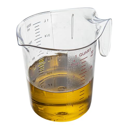 Restaurantware RW Base 1 Quart Measuring Jar 1 Durable Measuring Beaker - Metric And Imperial Units V-Shaped Spout Clear Plastic Measuring Cup Handle With Thumb-Grip Tolerates Up To 248F - color: Clear, size: 6.50" × 4.75" × 6.00"