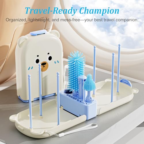 Blue Travel Bottle Cleaner Kit with Drying Rack – 6-in-1 Baby Bottle Washer & Silicone Brush Set for Pump Parts, Nipples & Straws – Portable Baby Travel Essential in Compact Case - color: Blue