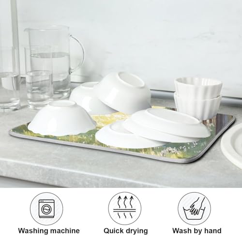 Pine Tree Field Dish Drying Mat for Kitchen Counter Super Absorbent Draining Mat with Non-slip Backed Sink Tray Mat for Dish Bottles Cups Bowl Countertops Sinks Draining Racks