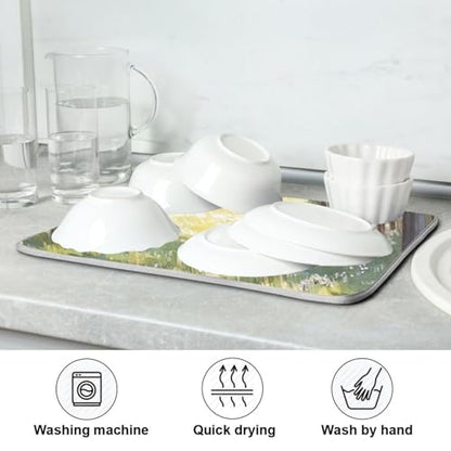 Pine Tree Field Dish Drying Mat for Kitchen Counter Super Absorbent Draining Mat with Non-slip Backed Sink Tray Mat for Dish Bottles Cups Bowl Countertops Sinks Draining Racks