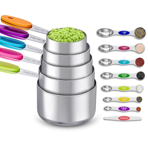 13-Piece Measuring Cups and Magnetic Spoons Set, 5 Stainless Steel Measuring Cups, 7 Double-Sided Magnetic Measuring Spoons & 1 Leveler for Cooking and Baking (5+7+1)