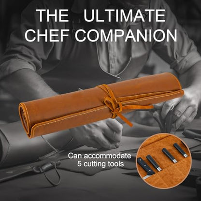 Knife Roll Bag Genuine Leather,Chefs Professional 5 Knives and Cookware,Perfect for The Traveling Chef,Travel Tool Roll Pouch,No Tools Included - color: 5 Slots brown