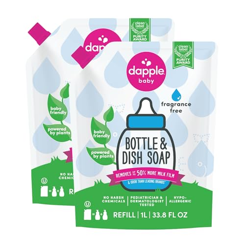 Dapple Baby Fragrance-Free Bottle & Dish Soap Refill Pouch - (2 Pack) 33.8 fl oz - Plant-Powered Cleaner for Baby Bottles, Pump Parts, and Sippy Cups - size: 34 Fl Oz (Pack of 2)