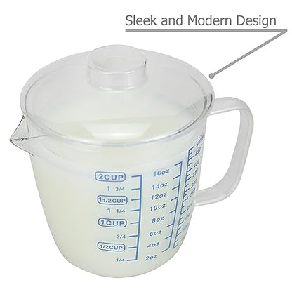 EIKS Glass Measuring Cup with Lid, Easy Grip Handle and V-Shaped Spout, Three Measurement Scale(OZ, Cup, ML), Coffee Milk Frothing Pitcher Latte Maker in Kitchen Restaurant (500ML)